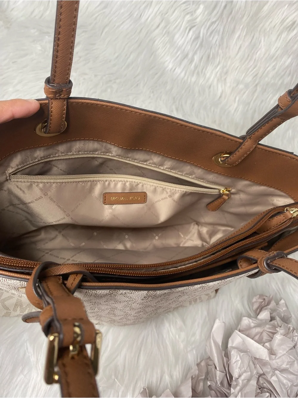 Michael Kors Tan and Cream Logo Canvas Tote